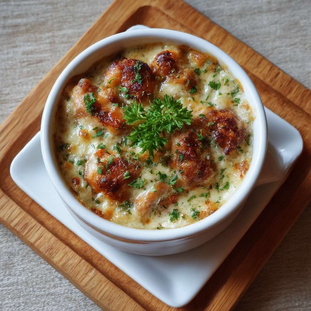 Œufs cocotte au poulet gratiné et crème servis dans des ramequins, avec fromage doré, crème onctueuse, morceaux de poulet fondants et persil frais.