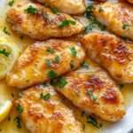 Filets de poulet poêlés, dorés et juteux, nappés d’une sauce brillante au beurre, à l’ail et au citron, garnis de persil frais dans une poêle chaude.