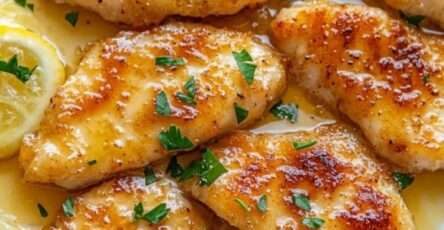 Filets de poulet poêlés, dorés et juteux, nappés d’une sauce brillante au beurre, à l’ail et au citron, garnis de persil frais dans une poêle chaude.