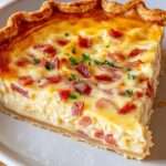 Quiche lorraine dorée à la sortie du four, pâte brisée croustillante garnie d’un appareil crémeux aux œufs, crème et lardons, coupée en parts sur une table rustique.