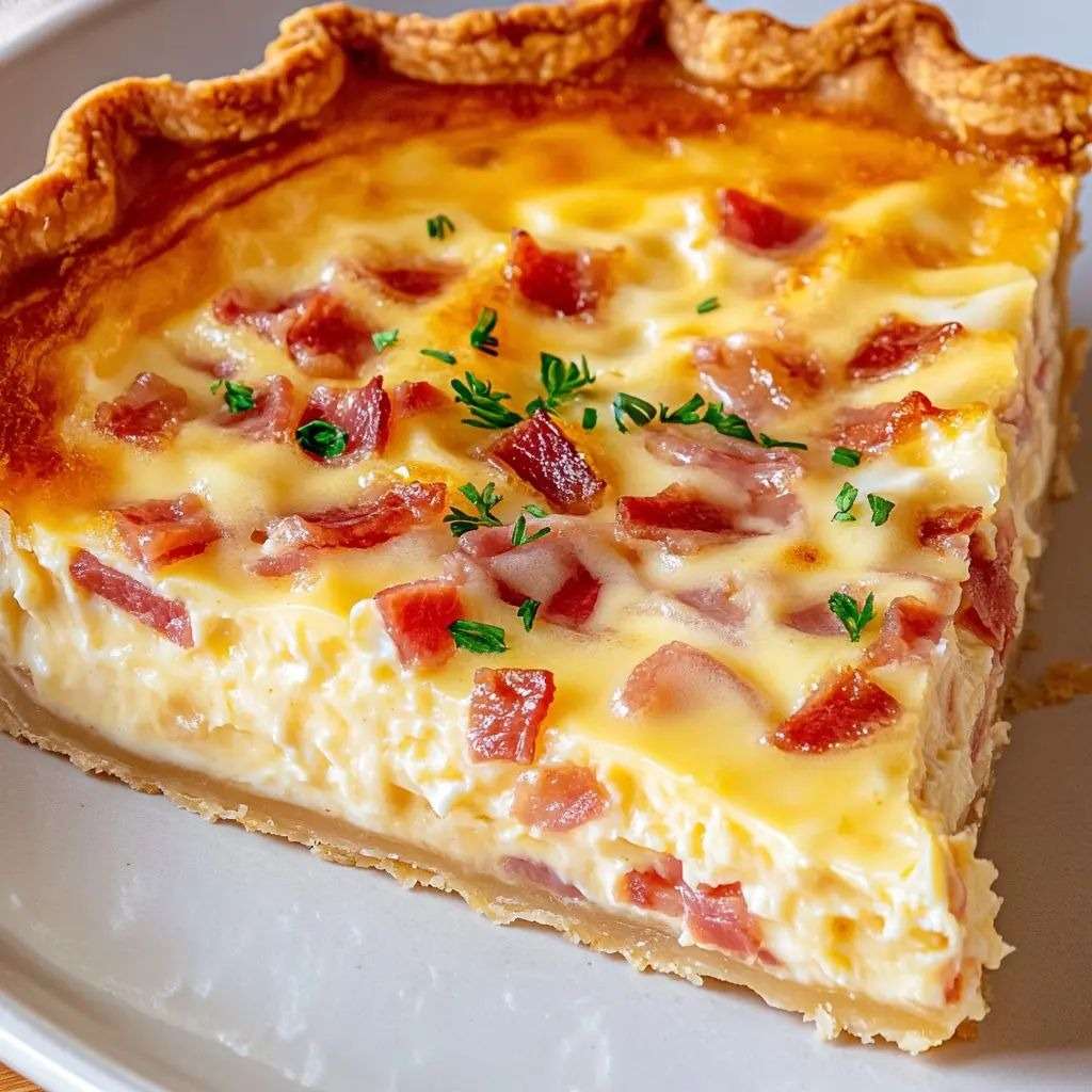 Quiche lorraine dorée à la sortie du four, pâte brisée croustillante garnie d’un appareil crémeux aux œufs, crème et lardons, coupée en parts sur une table rustique.