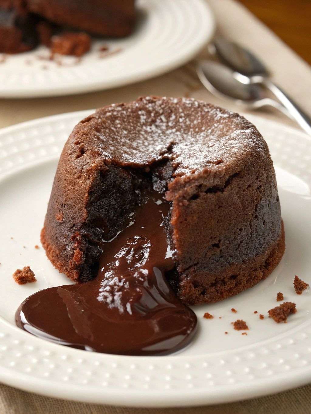 Fondant au chocolat individuel, légèrement craquelé à l’extérieur, avec un cœur coulant intense au chocolat noir, servi chaud sur une assiette avec une texture brillante.