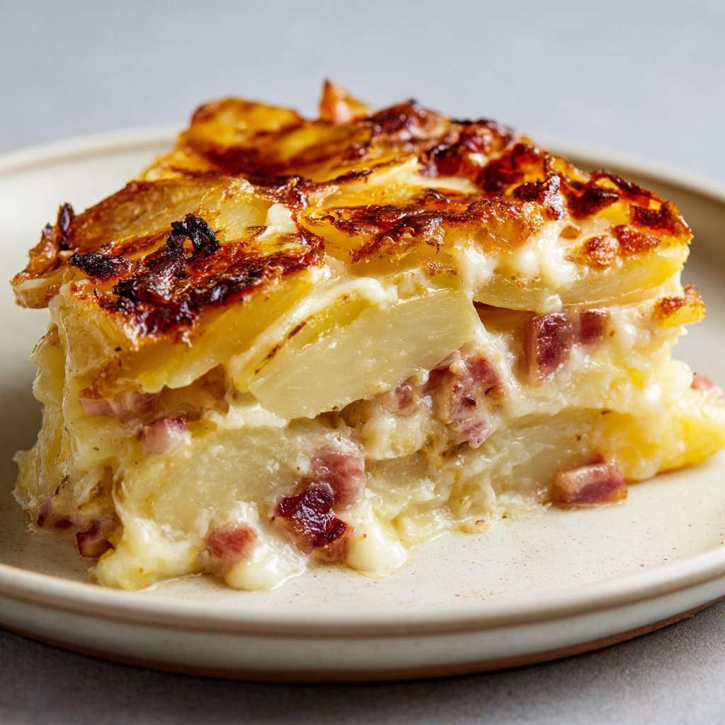 Plat de tartiflette maison gratinée au four, pommes de terre fondantes, lardons dorés, oignons et reblochon coulant avec croûte dorée.