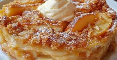 Croustade aux pommes dorée au four, avec une couche croustillante sablée et des pommes fondantes légèrement caramélisées, servie tiède dans un plat rustique.