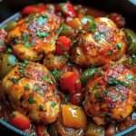 Poulet basquaise mijoté dans une cocotte avec poivrons colorés, tomates fondantes et herbes, sauce riche et brillante, servi chaud avec du persil frais.