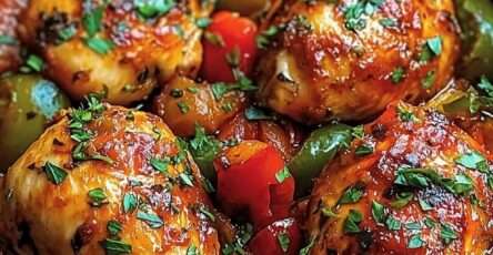 Poulet basquaise mijoté dans une cocotte avec poivrons colorés, tomates fondantes et herbes, sauce riche et brillante, servi chaud avec du persil frais.