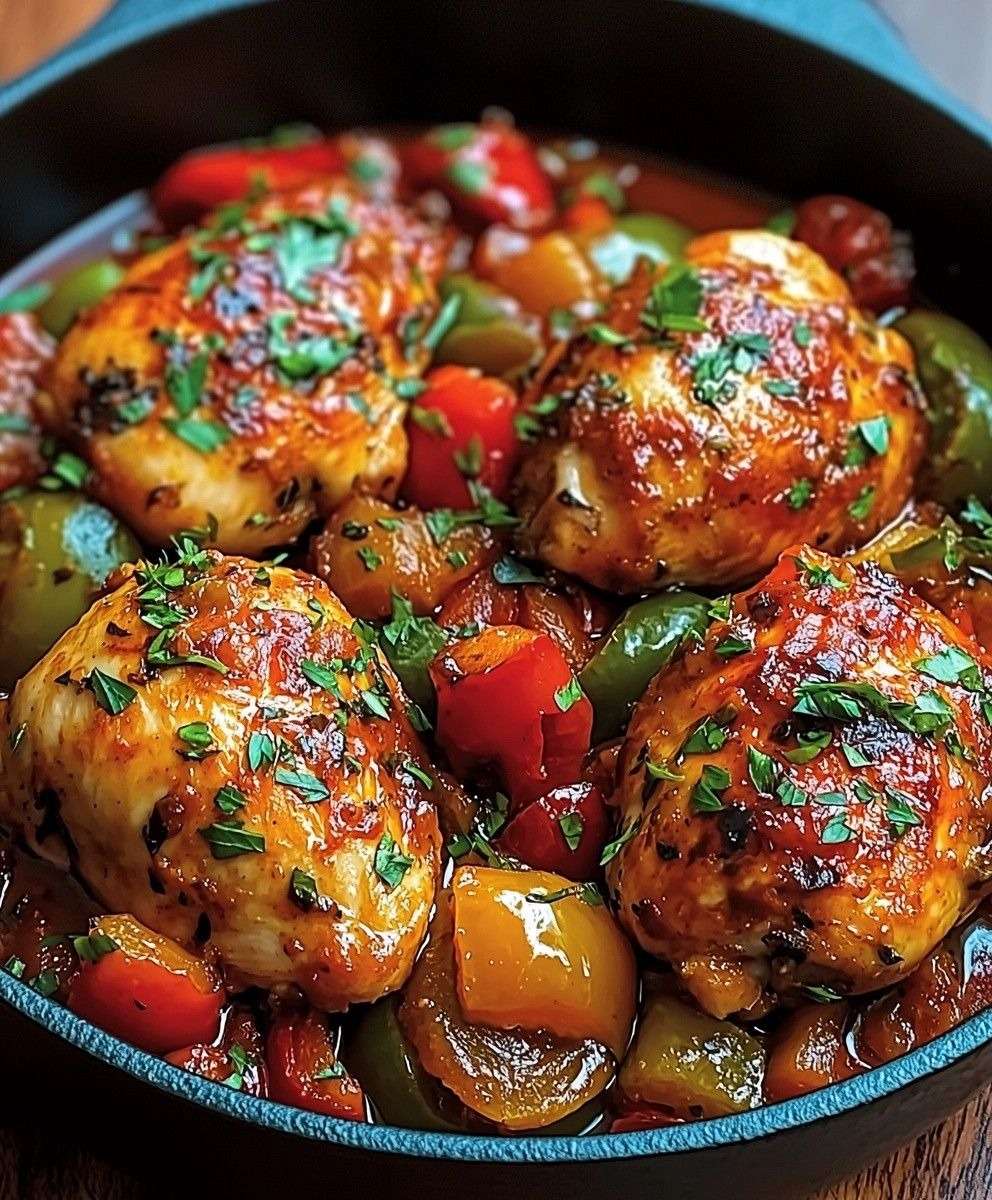 Poulet basquaise mijoté dans une cocotte avec poivrons colorés, tomates fondantes et herbes, sauce riche et brillante, servi chaud avec du persil frais.