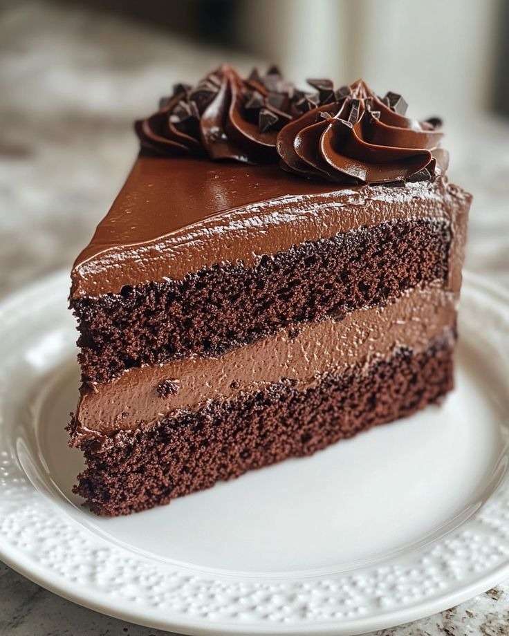 Gâteau au chocolat coupé en deux couches, garni d’une mousse aérienne, recouvert d’une ganache brillante et lisse, avec une texture fondante et intense.