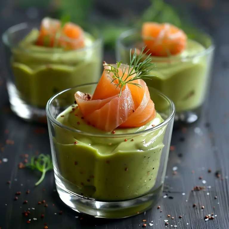 Verrines de mousse d’avocat au saumon fumé, garnies d’aneth frais, avec une texture onctueuse et une présentation élégante pour un apéritif raffiné.