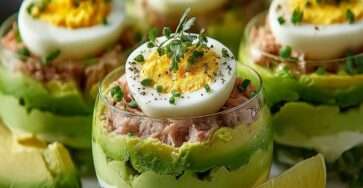 Verrines avocat, thon et œufs mimosa présentées en couches, garnies de ciboulette fraîche, avec une texture crémeuse et une finition élégante.