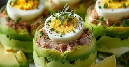 Verrines avocat, thon et œufs mimosa présentées en couches, garnies de ciboulette fraîche, avec une texture crémeuse et une finition élégante.