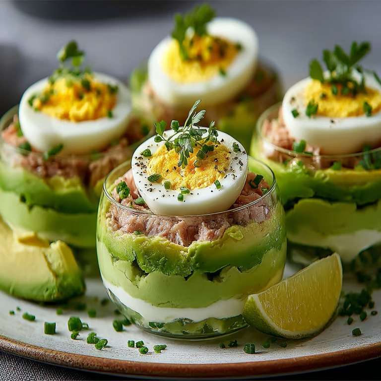 Verrines avocat, thon et œufs mimosa présentées en couches, garnies de ciboulette fraîche, avec une texture crémeuse et une finition élégante.