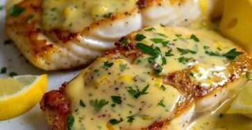 Sauce citron crémeuse servie sur un filet de poisson, garnie de persil frais, avec une texture onctueuse et brillante dans une assiette élégante.