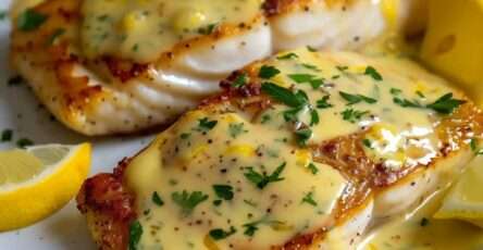Sauce citron crémeuse servie sur un filet de poisson, garnie de persil frais, avec une texture onctueuse et brillante dans une assiette élégante.