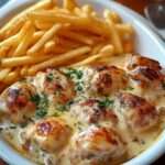 Cassolettes de poulet au maroilles nappées de sauce crémeuse, accompagnées de frites maison dorées et croustillantes, servies bien chaudes dans un plat rustique.