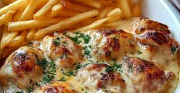 Cassolettes de poulet au maroilles nappées de sauce crémeuse, accompagnées de frites maison dorées et croustillantes, servies bien chaudes dans un plat rustique.