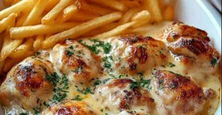 Cassolettes de poulet au maroilles nappées de sauce crémeuse, accompagnées de frites maison dorées et croustillantes, servies bien chaudes dans un plat rustique.