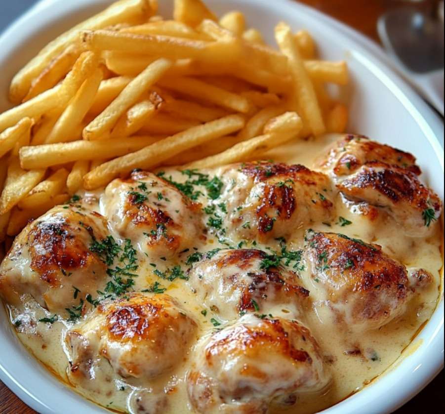 Cassolettes de poulet au maroilles nappées de sauce crémeuse, accompagnées de frites maison dorées et croustillantes, servies bien chaudes dans un plat rustique.