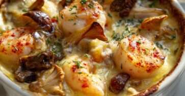 Cassolettes de Saint-Jacques aux champignons nappées de sauce crémeuse gratinée, avec une surface dorée et du persil frais en finition dans des ramequins élégants.