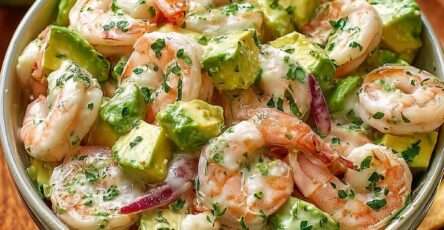 Salade crémeuse aux crevettes et avocat avec oignon rouge et herbes fraîches, nappée d’une sauce citronnée dans un bol élégant.