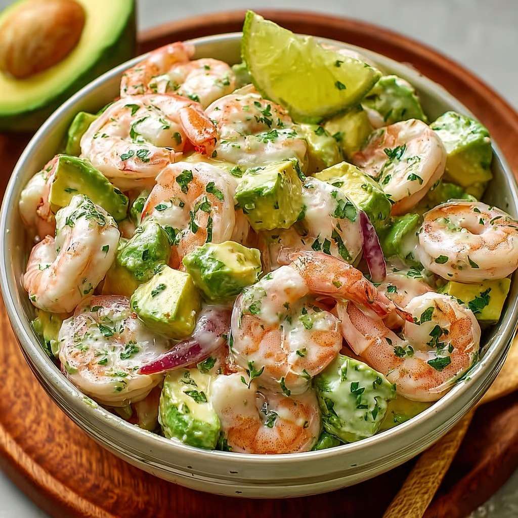 Salade crémeuse aux crevettes et avocat avec oignon rouge et herbes fraîches, nappée d’une sauce citronnée dans un bol élégant.