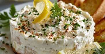 Crème de thon apéritive servie dans un bol, texture lisse et crémeuse, accompagnée de pain grillé et d’herbes fraîches finement ciselées.