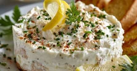 Crème de thon apéritive servie dans un bol, texture lisse et crémeuse, accompagnée de pain grillé et d’herbes fraîches finement ciselées.