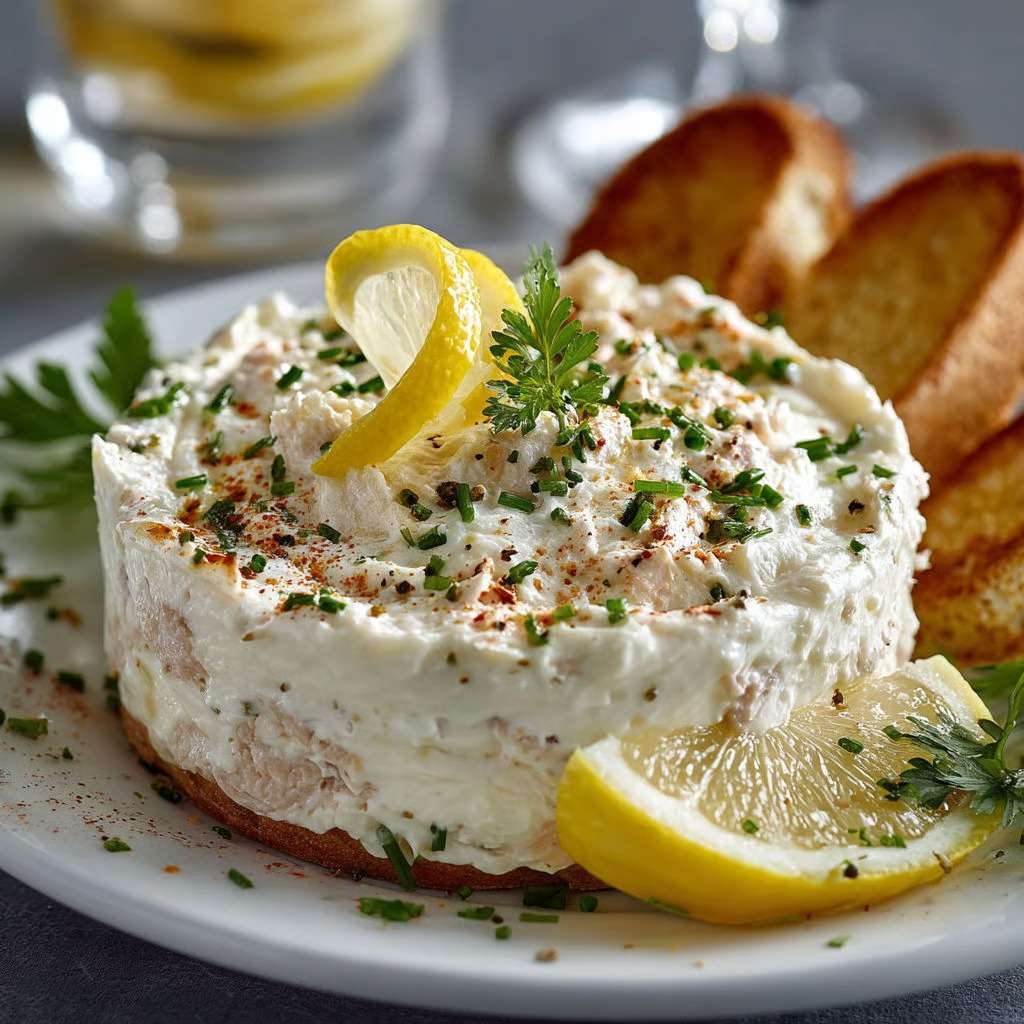 Crème de thon apéritive servie dans un bol, texture lisse et crémeuse, accompagnée de pain grillé et d’herbes fraîches finement ciselées.