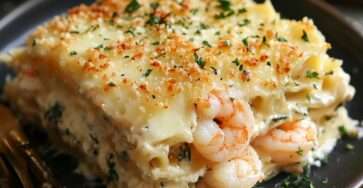 Plat de lasagnes aux crevettes et langoustines au beurre d’ail, nappées de béchamel légère, gratinées au four avec une surface dorée et fondante, servi dans un plat familial.