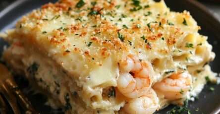 Plat de lasagnes aux crevettes et langoustines au beurre d’ail, nappées de béchamel légère, gratinées au four avec une surface dorée et fondante, servi dans un plat familial.