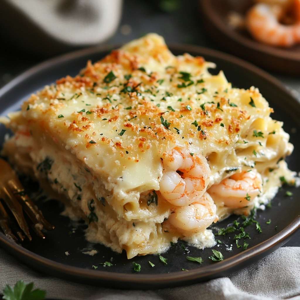 Plat de lasagnes aux crevettes et langoustines au beurre d’ail, nappées de béchamel légère, gratinées au four avec une surface dorée et fondante, servi dans un plat familial.