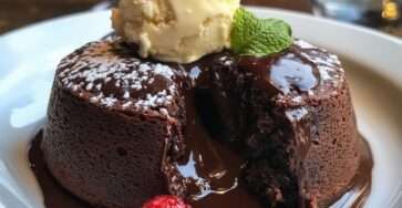Fondants au chocolat noir avec cœur coulant, servis tièdes dans de petites assiettes avec une boule de glace vanille et quelques fruits rouges.