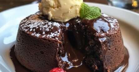 Fondants au chocolat noir avec cœur coulant, servis tièdes dans de petites assiettes avec une boule de glace vanille et quelques fruits rouges.