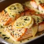 Pavés de saumon au four nappés d’une sauce crème au beurre citron, garnis de ciboulette fraîche et servis avec légumes vapeur.