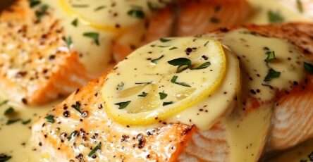 Pavés de saumon au four nappés d’une sauce crème au beurre citron, garnis de ciboulette fraîche et servis avec légumes vapeur.