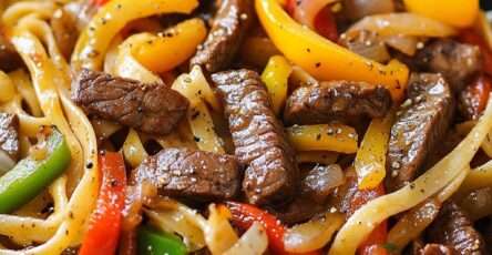 Assiette de pâtes avec lamelles de steak grillées et poivrons colorés, légèrement caramélisés, garnie de persil frais dans une poêle chaude.