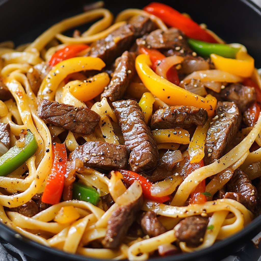 Assiette de pâtes avec lamelles de steak grillées et poivrons colorés, légèrement caramélisés, garnie de persil frais dans une poêle chaude.