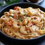 Assiette de pâtes aux crevettes et chair de crabe crémeuses, nappées de sauce cajun épicée, garnies de persil frais et parmesan râpé.