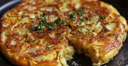 Tortilla espagnole épaisse aux pommes de terre et oignons, dorée à l’extérieur et fondante à l’intérieur, coupée en parts sur une assiette.