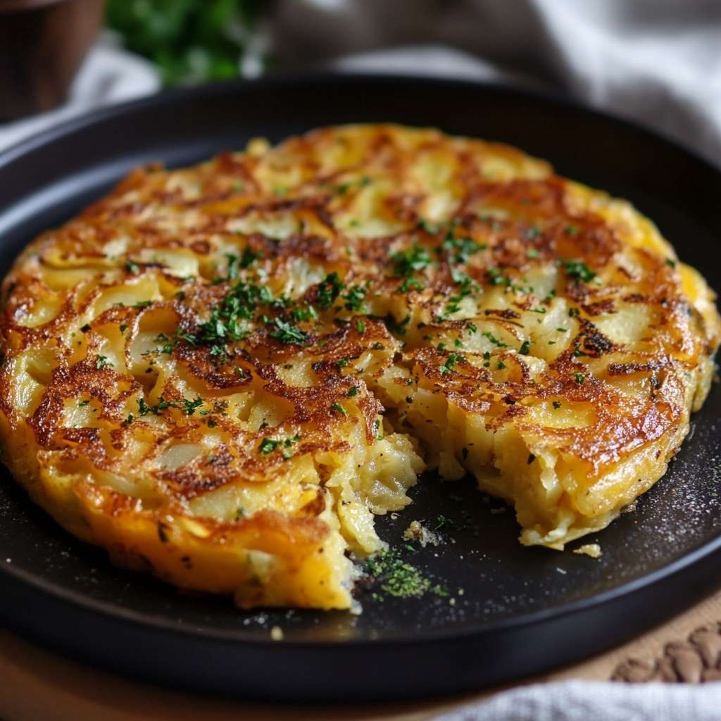 Tortilla espagnole épaisse aux pommes de terre et oignons, dorée à l’extérieur et fondante à l’intérieur, coupée en parts sur une assiette.