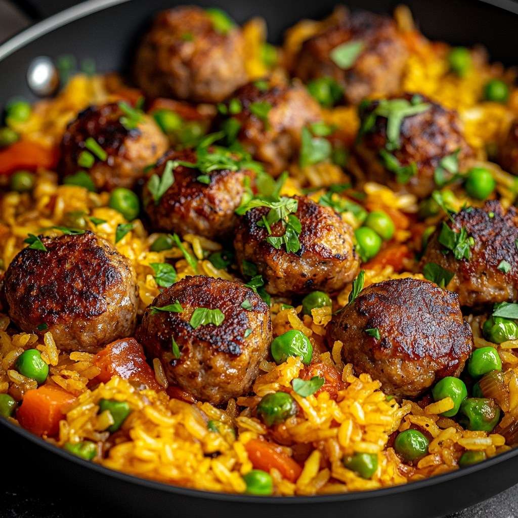 Assiette de riz coloré aux petits pois et poivrons, surmonté de boulettes de viande dorées, garni d’herbes fraîches, présentation chaleureuse.