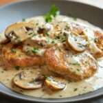 Escalopes de veau nappées de sauce crémeuse aux champignons, servies dans une poêle avec une texture fondante et une présentation élégante.