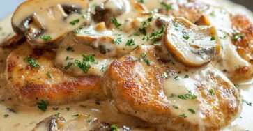 Escalopes de veau nappées de sauce crémeuse aux champignons, servies dans une poêle avec une texture fondante et une présentation élégante.