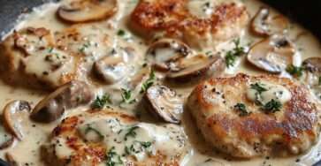 Deux escalopes de veau nappées d’une sauce à la crème onctueuse avec champignons de Paris dorés, servies chaudes dans une assiette blanche avec persil frais.