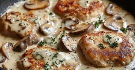 Deux escalopes de veau nappées d’une sauce à la crème onctueuse avec champignons de Paris dorés, servies chaudes dans une assiette blanche avec persil frais.