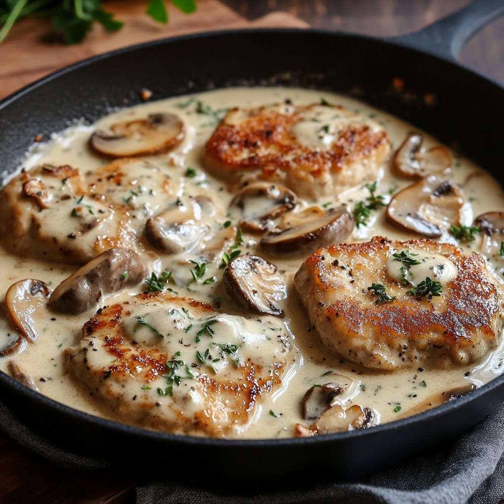 Deux escalopes de veau nappées d’une sauce à la crème onctueuse avec champignons de Paris dorés, servies chaudes dans une assiette blanche avec persil frais.