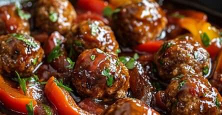 Assiette de boulettes de viande maison mijotées dans une sauce tomate aux poivrons rouges et jaunes, servies chaudes avec persil frais.