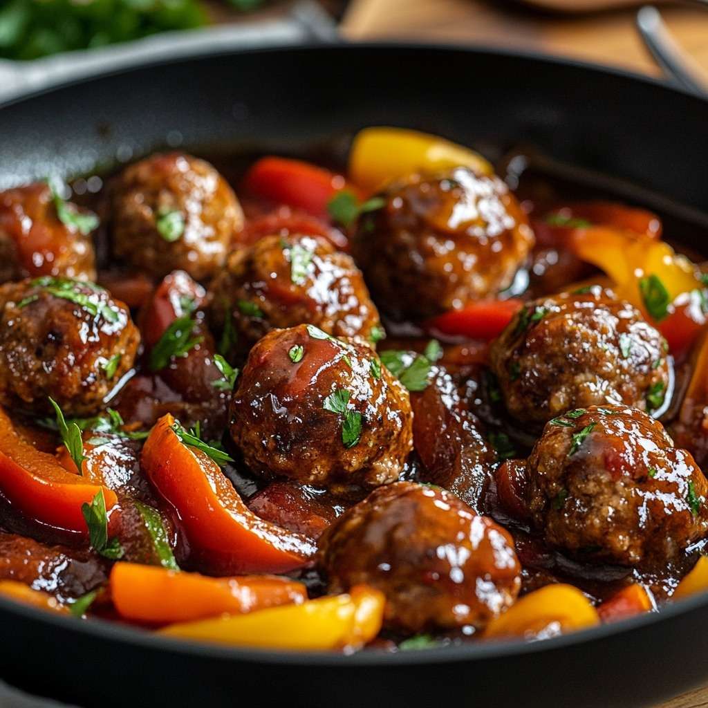 Assiette de boulettes de viande maison mijotées dans une sauce tomate aux poivrons rouges et jaunes, servies chaudes avec persil frais.