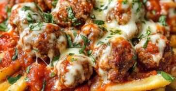 Frites de boulettes panées dorées et croustillantes, garnies de fromage fondant, servies chaudes avec sauce marinara dans un plat rustique.