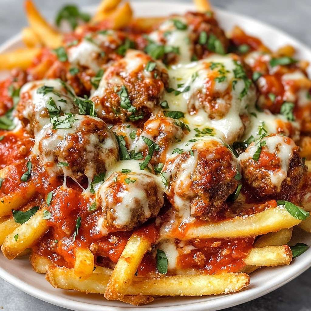 Frites de boulettes panées dorées et croustillantes, garnies de fromage fondant, servies chaudes avec sauce marinara dans un plat rustique.